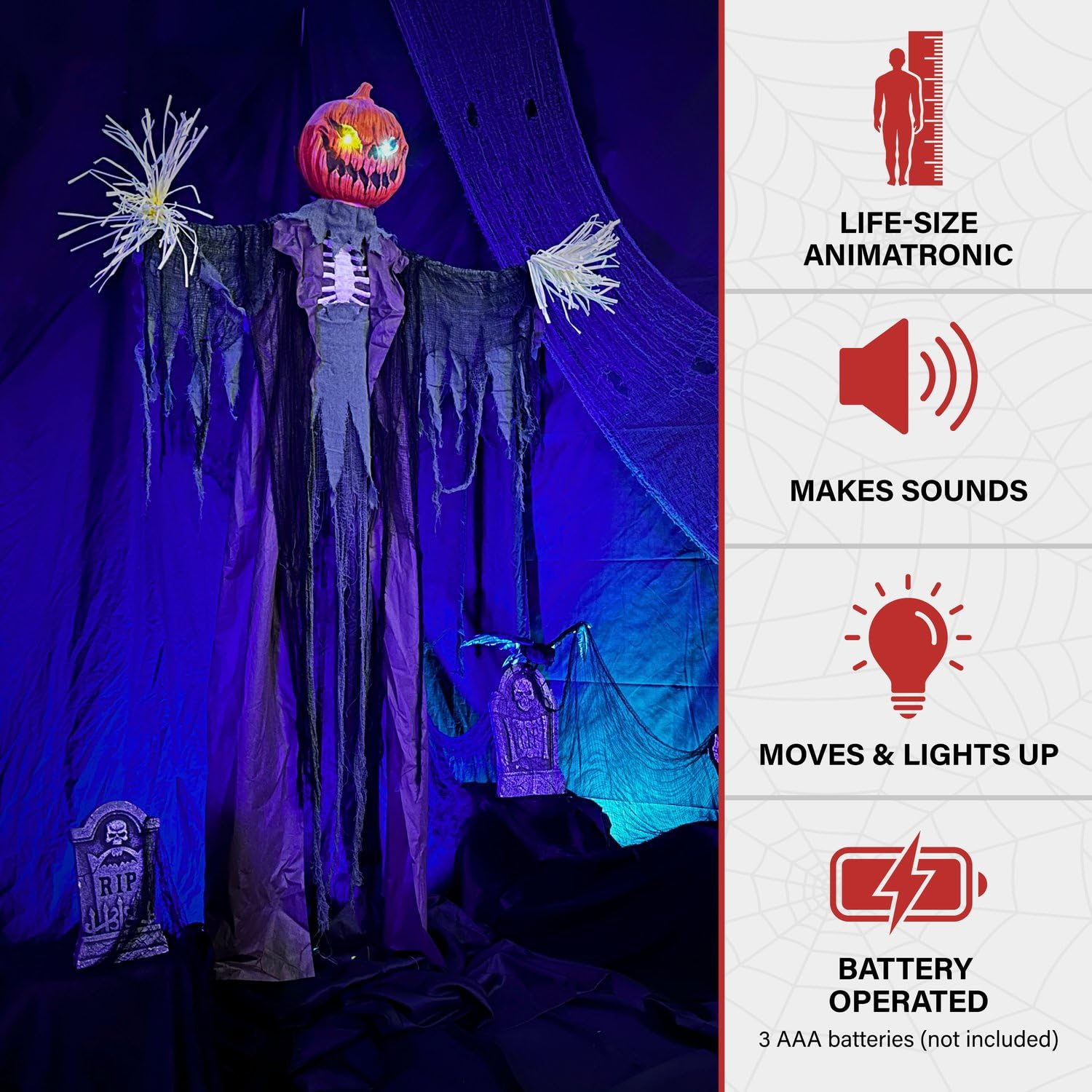 Haunted Hill Farm Life-Size Poseable Pumpkin Scarecrow, Halloween Animatronic with Touch Activated Lights and Sound, Scary Frigh